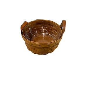 1993 Longaberger Button Basket w/2 Leather Handles Protector 7"RD x 3"H Vintage